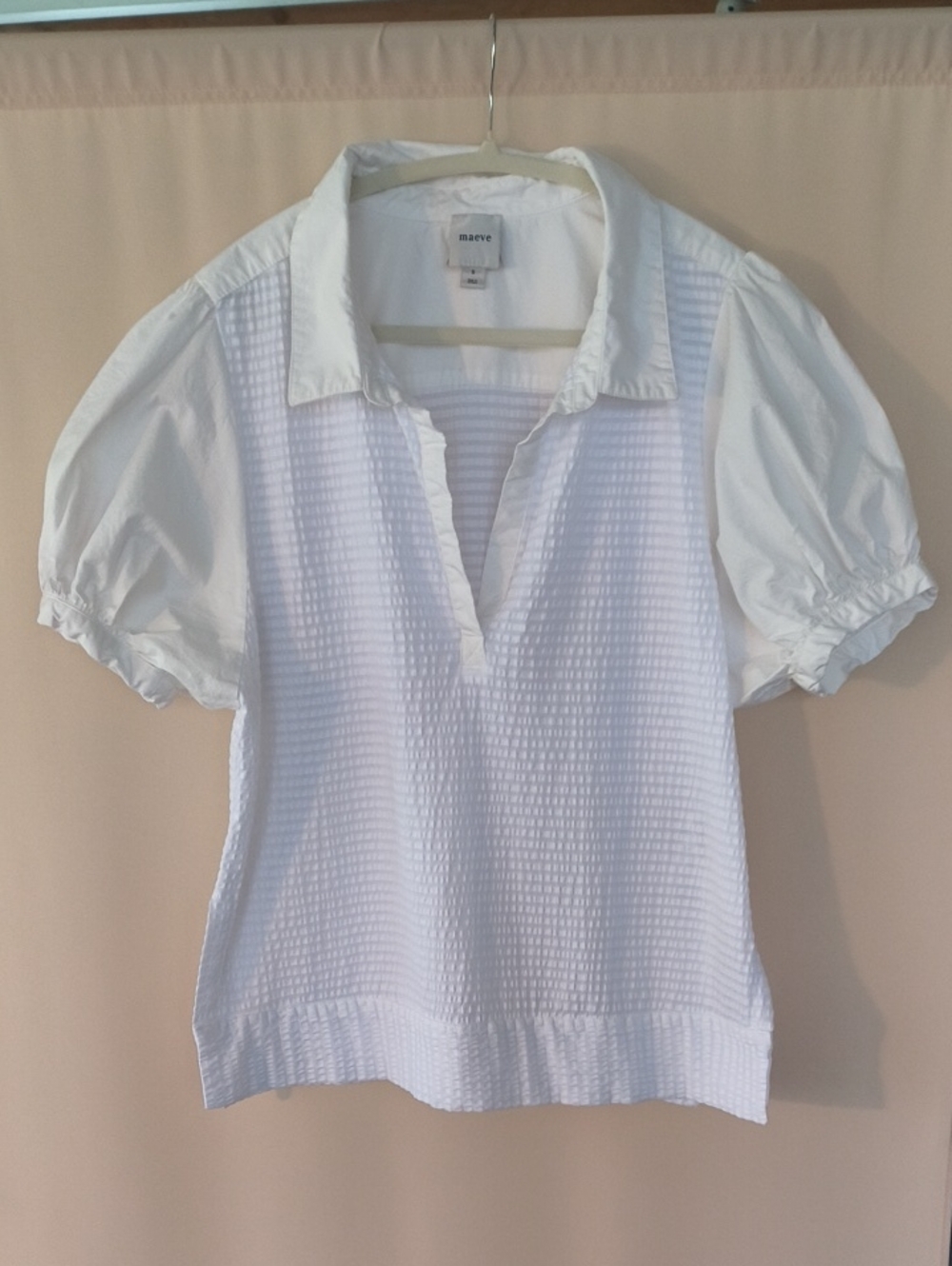 Like New Maeve White Textured Puff Sleeve Polo Blouse Size S
